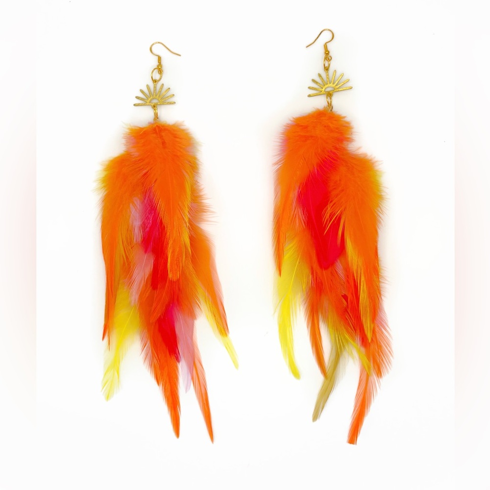 Long Vibrant Feather Earrings in orange, yellow & pink, gold sun pendants